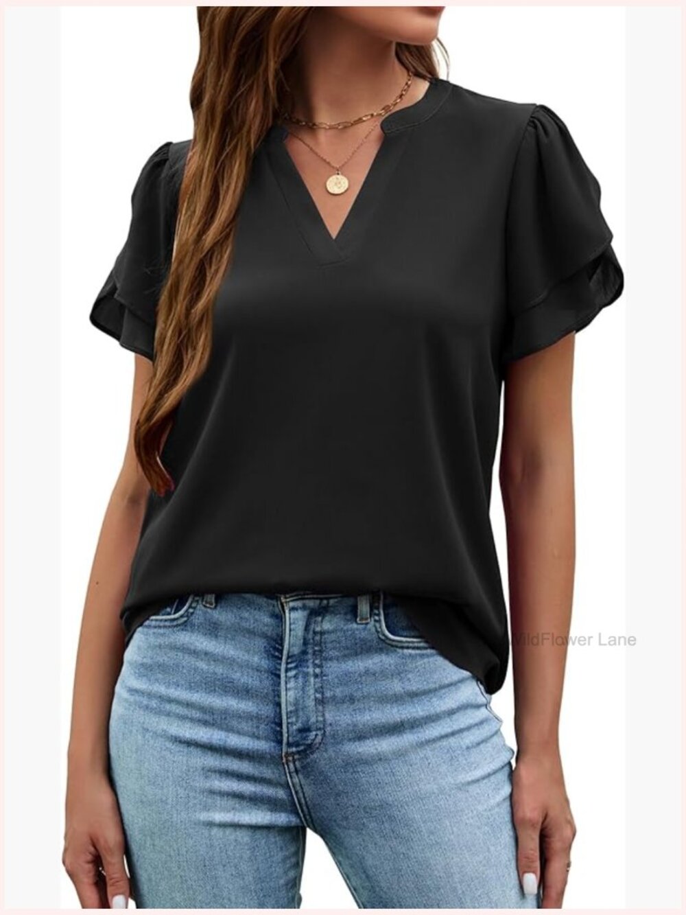 Ruffle Petal Sleeve V Neck Blouse Short Sleeve Summer Work Top